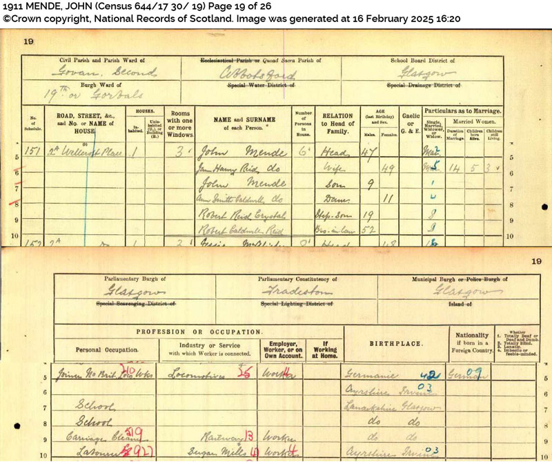 1911-04-02 CEN John Mende + Jane Harvey Reid or Mende 2a Wellcroft Place [[N445-clip]