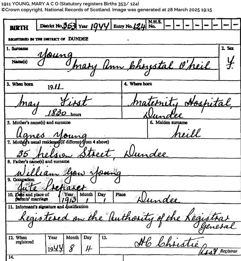 1911-05-01 BIR Mary Ann Chrystal O'Neil Young hild of William Gow Young and Agnes Young MS O'Neil [N471]]