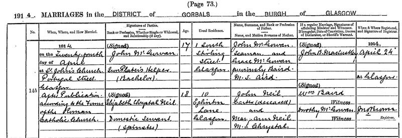 1914-04-24 MAR Elizabeth Chrystal Neil + John McGowan - 1 South Stirling St [[N269-clip]]