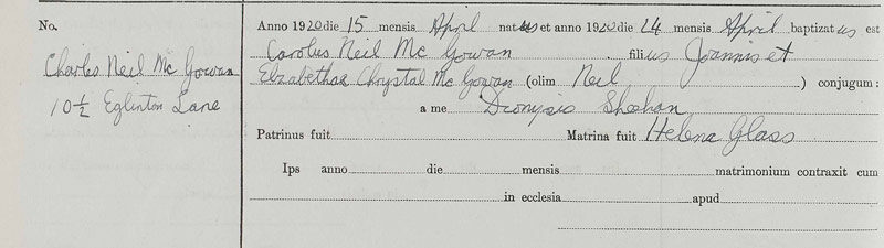 1920-04-15 BIR BAP Charles McGowan child of John McGowan + Elizabeth Chrystal Neil [[N274]]