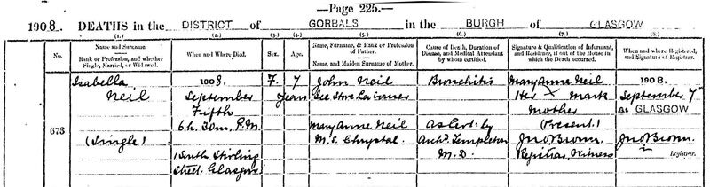 1908-09-05 DEA Isabella Neil child of John Neil and Mary Anne Chrystal [[N240-clip]]