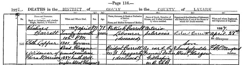 1927-04-27 DEA Richard Barrett child of Patrick Barrett + Flora Morrison [[N605-clip]]