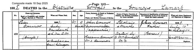 1888-07-14 DEA Peter Connor child of John Connor + Rose Ann Cameron [[N688-clip]]