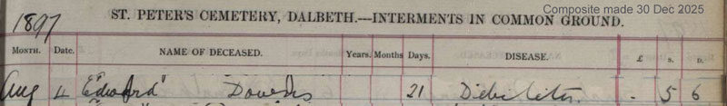 1897-08-04 BUR Edward Downs child of Thomas Downs + Mary Anne Drummond [[N150-clip]]