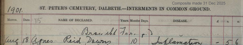 1901-08-18 BUR Agnes Reid Downs  child of Thomas Downs + Mary Anne Drummond [[N288-clip]]