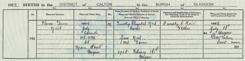 1929-07-16 BIR Thomas Downs Neil child of Timothy Chrystal Neil + Jane Downs [[N293-clip]]