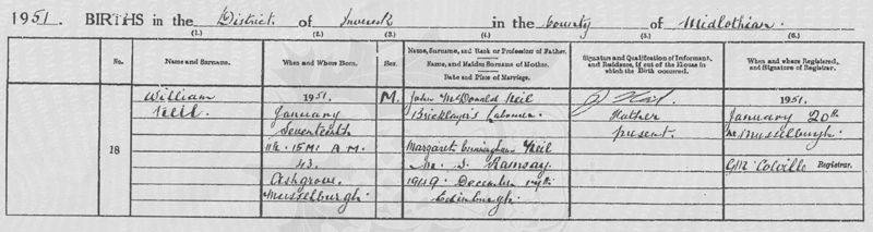 1951-01-17 BIR William Neil child of John McDonald Neil + Margaret McDonald (full) [N129a-clip]]