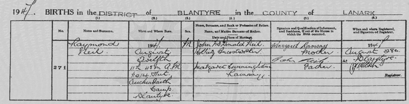 1947-08-12 BIR Raymond Neil child of John McDonald Neil + Margaret Cunningham Ramsay [[N292-clip]]
