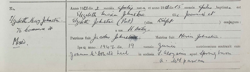 1923-04-15 BIR BAP Elizabeth Mary Johnstone child of John Johnstone + Elizabeth Wright [[N431-clip]]