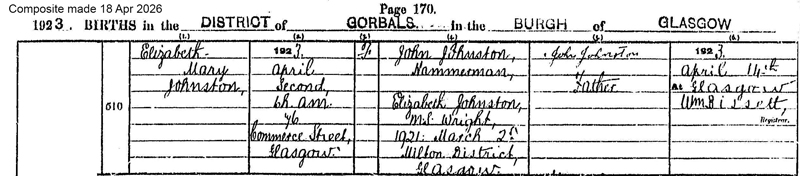 1923-04-15 BIR Elizabeth Mary Johnstone child of John Johnstone + Elizabeth Wright [[N728-clip]]