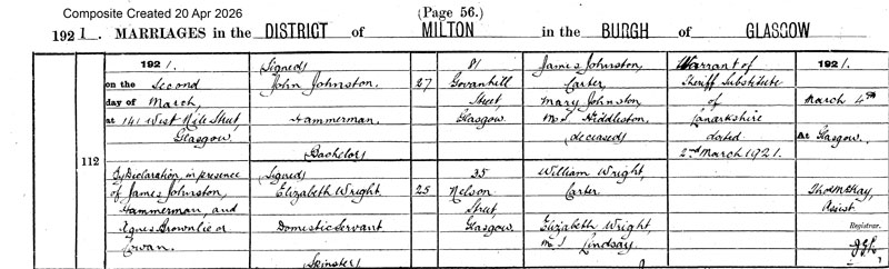 1921-03-02 MAR John Johnston + Elizabeth Wright, Milton, Glasgow [[N729-clip]]